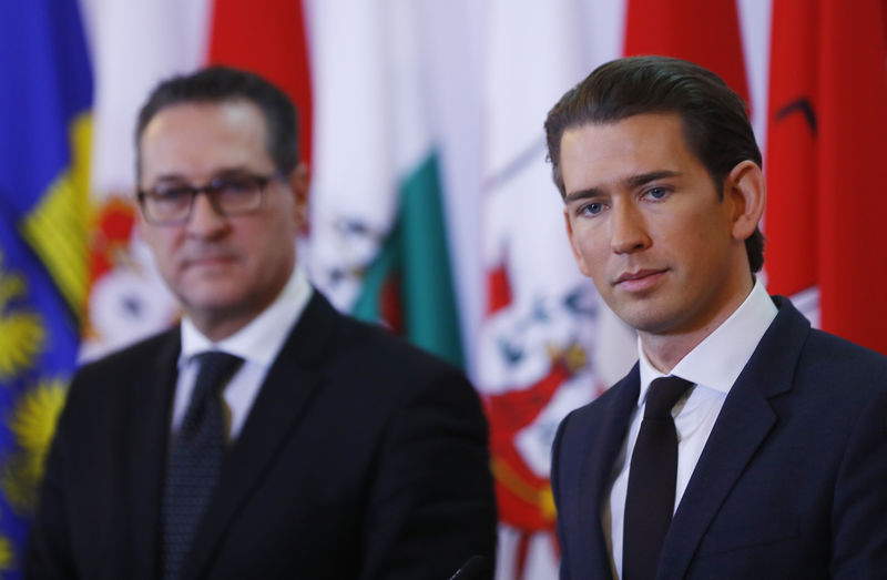 © Reuters. Austrian Vice Chancelllor Strache and Chancellor Kurz attend a news conference after a cabinet meeting in Vienna