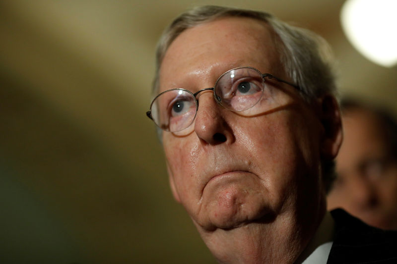 © Reuters. Senate Majority Leader Mitch McConnell speaks with reporters following the party luncheons on Capitol Hill in Washington