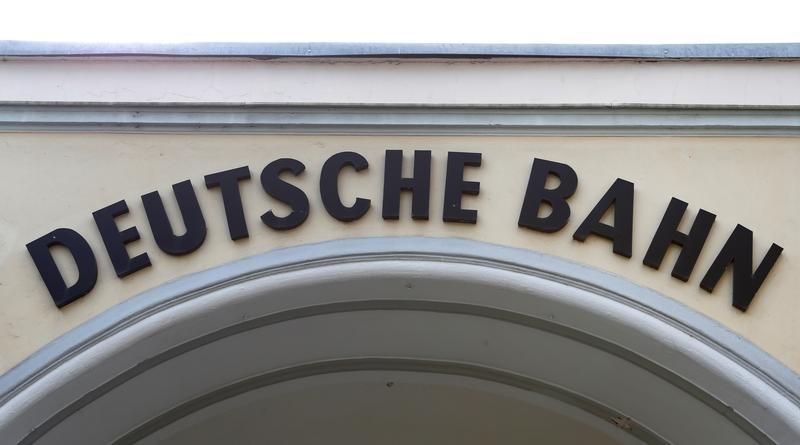 © Reuters. A sign for the 'Deutsche Bahn' building is pictured near main train station in Erfurt