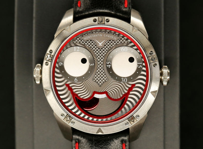 © Reuters. FILE PHOTO: A watch model by Konstantin Chaykin that resembles a smiley and is part of the charity auction "Only Watch 2017" is pictured during a preview of Christie's auction sale in Geneva