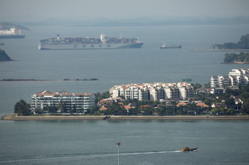 © Reuters. A container ship passes the Sentosa Cove luxury apartment enclave in Singapore