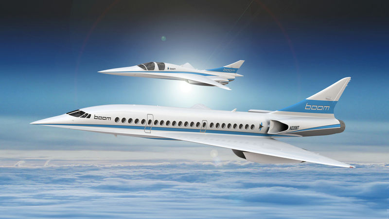 © Reuters. An artist's impression shows Boom's 55-seat supersonic aircraft and Boom's XB-1 supersonic demonstrator in this undated handout obtained by Reuters