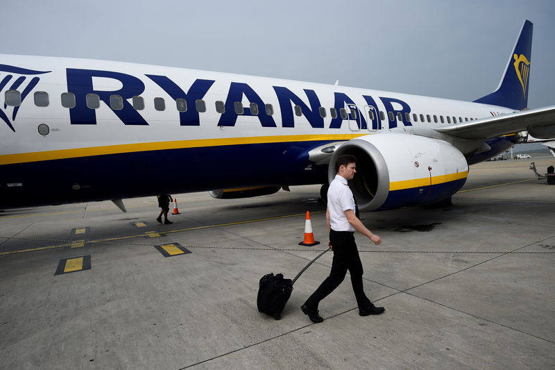 © Reuters. FILE PHOTO: A pilot disembarks a Ryanair flight at Stansted airport in London