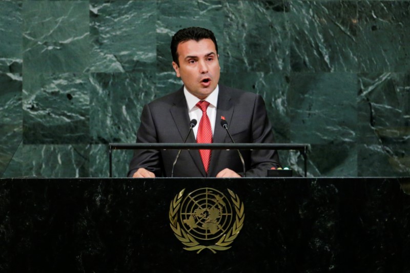 © Reuters. Prime Minister of Macedonia Zaev addresses the 72nd United Nations General Assembly at U.N. headquarters in New York