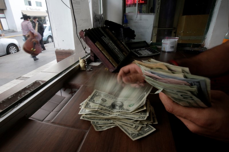 © Reuters. The employee of a currency exchange shop counts U.S. dollar banknotes, in Ciudad Juarez