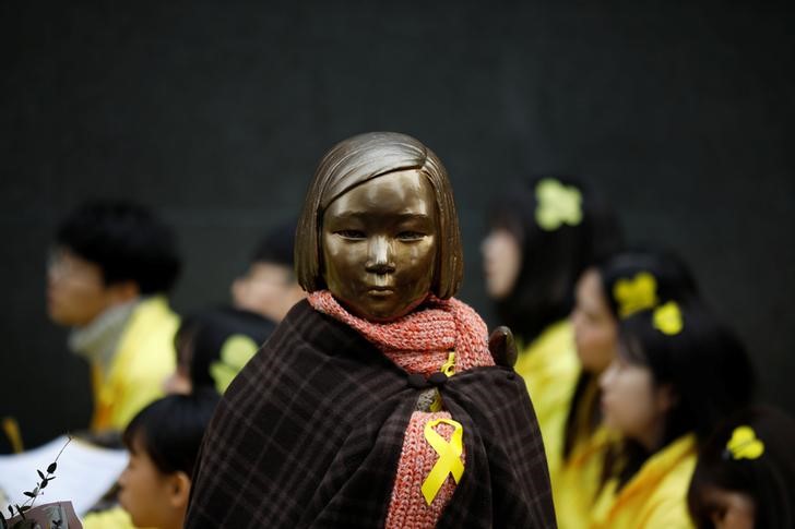 © Reuters. Estátua representa mulheres sul-coreanas forçadas a trabalhar em bordéis militares japoneses em períodos de guerra durante prontesto contra o Japão, em Seul