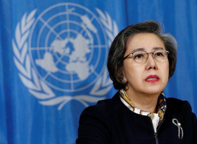 © Reuters. Investigadora independente de direitos humanos da Organização das Nações Unidas (ONU) para Mianmar, Yanghee Lee, durante coletiva de imprensa em Genebra, na Suíça