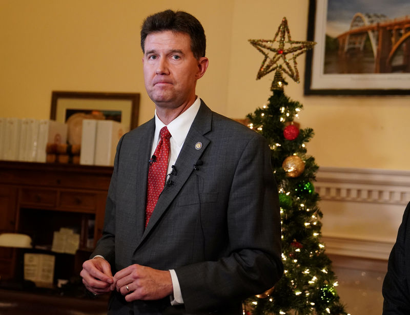 © Reuters. Secretary of State John Merrill pauses as he speaks to the media after Alabama special election in Montgomery