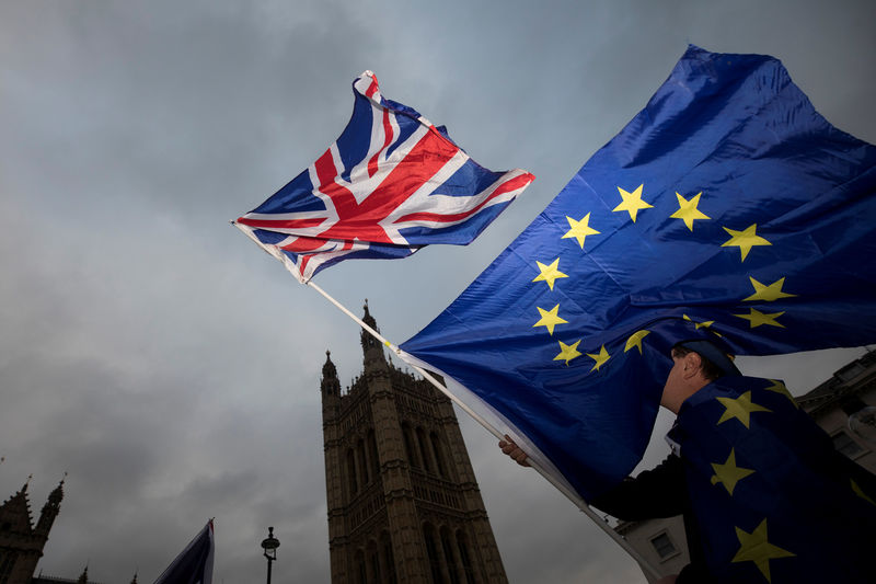 © Reuters. An Anti-Brexit protestor waves EU and Union flags outside the Houses of Parliament