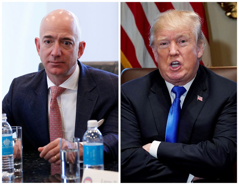 © Reuters. A combination photo of Amazon CEO Jeff Bezos and U.S. President Donald Trump in New York and in Washington