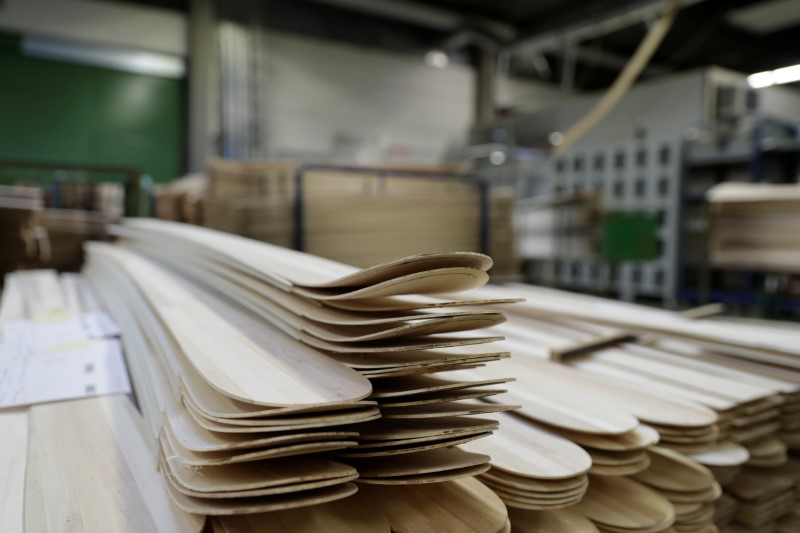 © Reuters. Wooden cores of Atomic skis are seen at the company's headquarters in Altenmarkt im Pongau