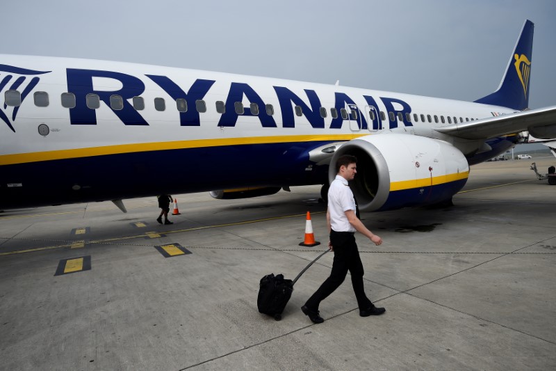 © Reuters. FILE PHOTO: A pilot disembarks a Ryanair flight at Stansted airport in London