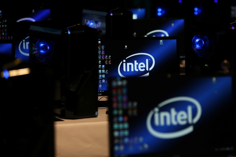 © Reuters. The Intel logo is displayed on computer screens at SIGGRAPH 2017