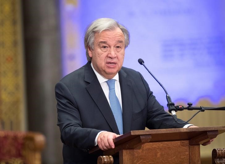 © Reuters. Secretário-geral da ONU, António Guterres, discursa em Haia, na Holanda