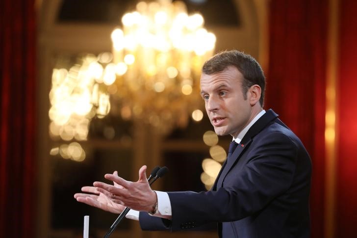 © Reuters. Presidente da França, Emmanuel Macron, discursa no Palácio do Eliseu, em Paris