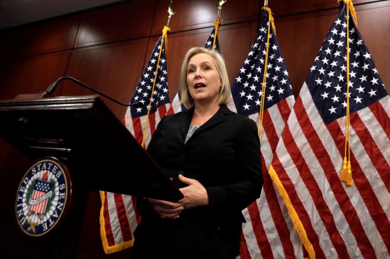 © Reuters. U.S. Senator Kirsten Gillibrand (D-NY) speaks to the media on Capitol Hill in Washington