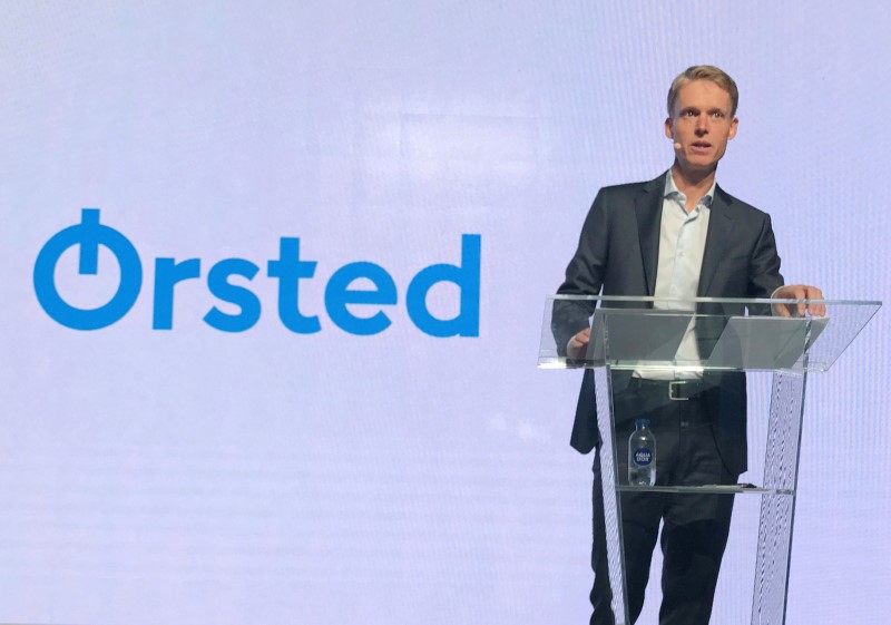 © Reuters. FILE PHOTO: DONG CEO Poulsen speaks to employees after revealing the company's new name Orsted in Gentofte