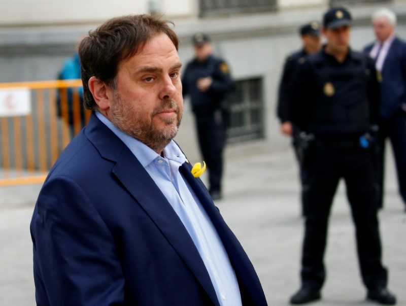 © Reuters. FILE PHOTO: Dismissed Catalan vice president Oriol Junqueras arrives to Spain's High Court after being summoned to testify on charges of rebellion, sedition and misuse of public funds in Madrid