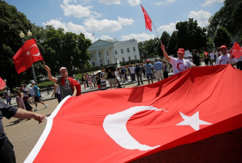 © Reuters. Turkish demonstrators rally against the coup attempt in Turkey at the White House in Washington