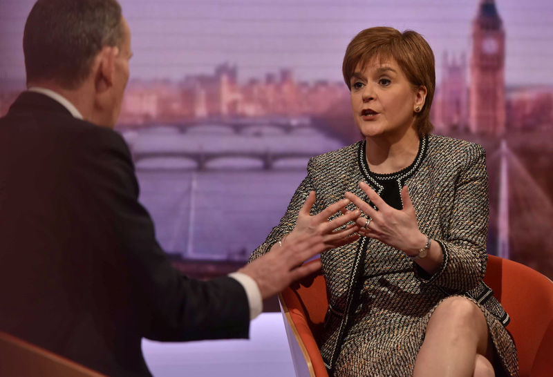 © Reuters. Scotland's First Minister, Nicola Sturgeon, is seen speaking on the BBC's Andrew Marr Show in this photograph received via the BBC, in London