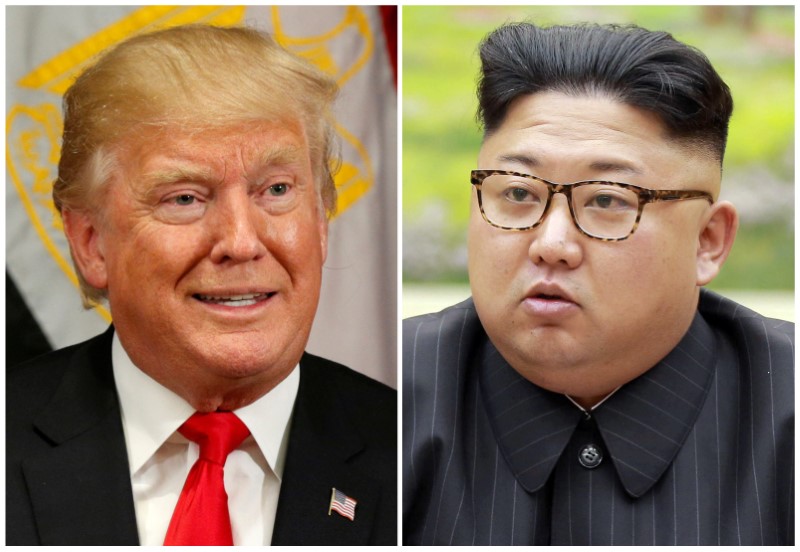 © Reuters. A combination photo shows Trump in New York and North Korean leader Jong Un in Pyongyang,