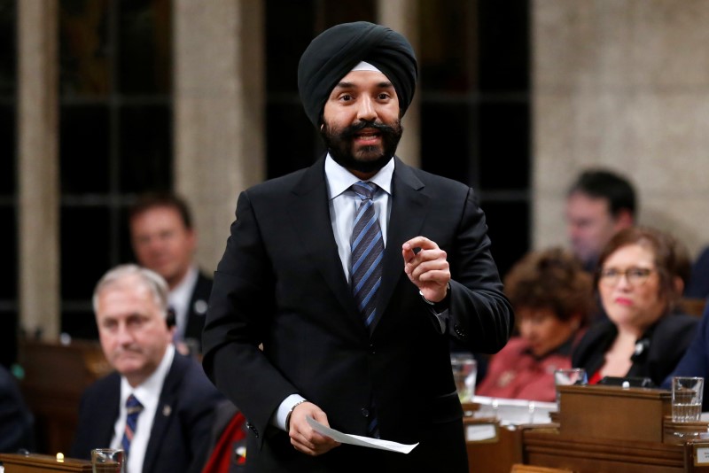 © Reuters. FILE PHOTO: Canada's Innovation, Science and Economic Development Minister Navdeep Bains speaks in the House of Commons in Ottawa