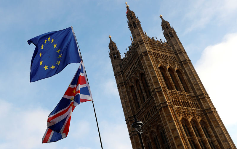 © Reuters. Protesters wave the EU and Union flags outside the Palace of Westminster, London