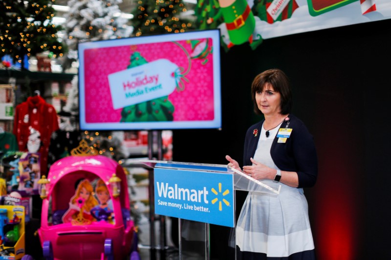 © Reuters. McKenna, executive vice president and chief operating officer for Walmart U.S., speaks about Christmas holiday plans during a media briefing at Walmart store in Teterboro