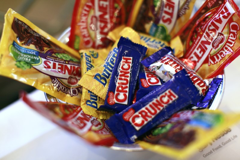 © Reuters. Nestle candy products are displayed the company's news conference in New York