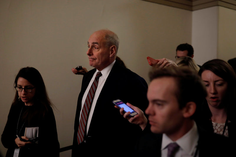 © Reuters. White House Chief of Staff John Kelly speaks with reporters at the U.S. Capitol in Washington