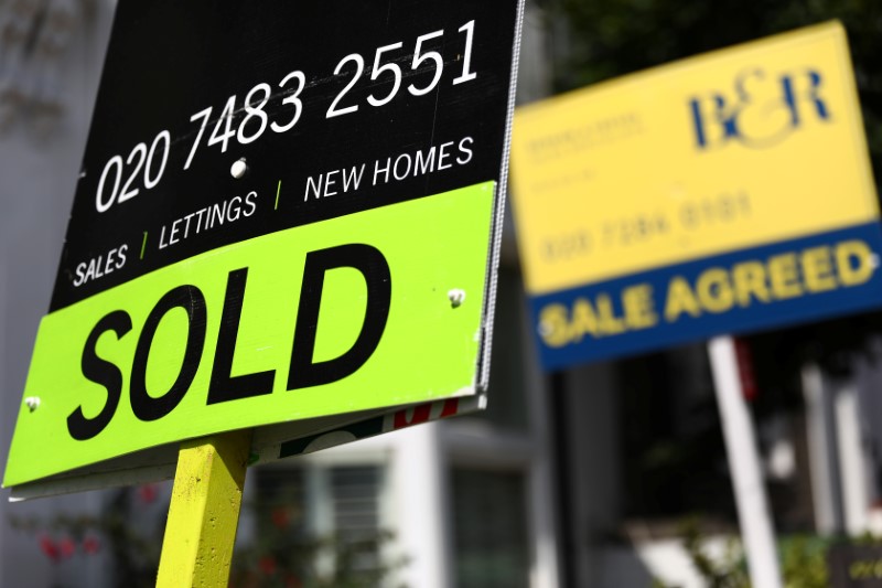 © Reuters. Estate agent boards are displayed outside a property in London
