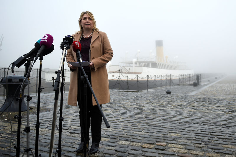 © Reuters. Secretary of State for Northern Ireland Karen Bradley speaks during a press conference in Belfast