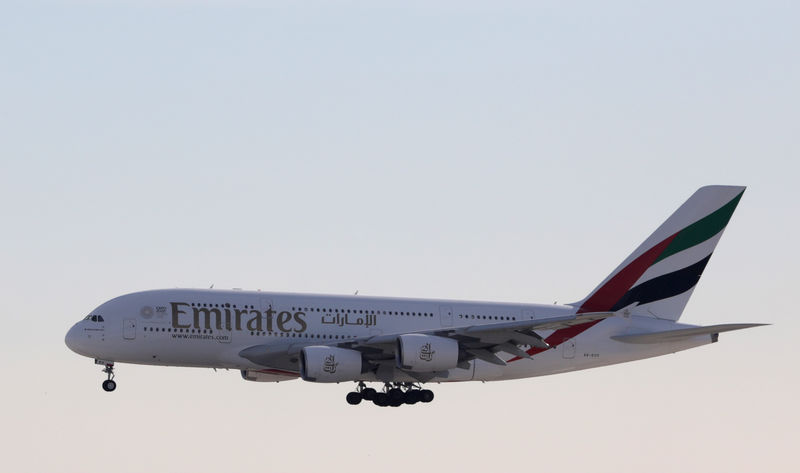 © Reuters. An Emirates Airbus A380 airliner, prepares to land at Nice international airport