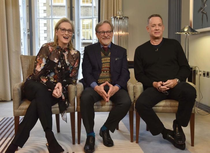© Reuters. Actors Meryl Streep and Tom Hanks and director Steven Spielberg are seen appearing in an undated pre-recorded interview for the BBC's Andrew Marr Show, in this photograph received via the BBC, in London