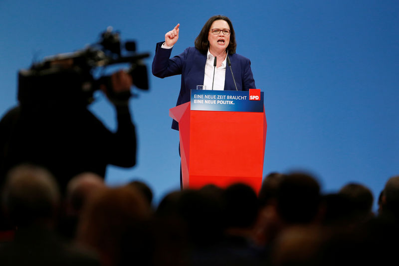 © Reuters. SPD parliamentary group leader Andrea Nahles speaks during the SPD's one-day party congress in Bonn