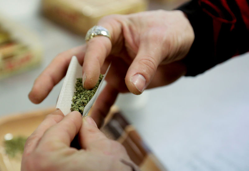 © Reuters. FILE PHOTO: A participant practices rolling a joint at the Cannabis Carnivalus 4/20 event in Seattle