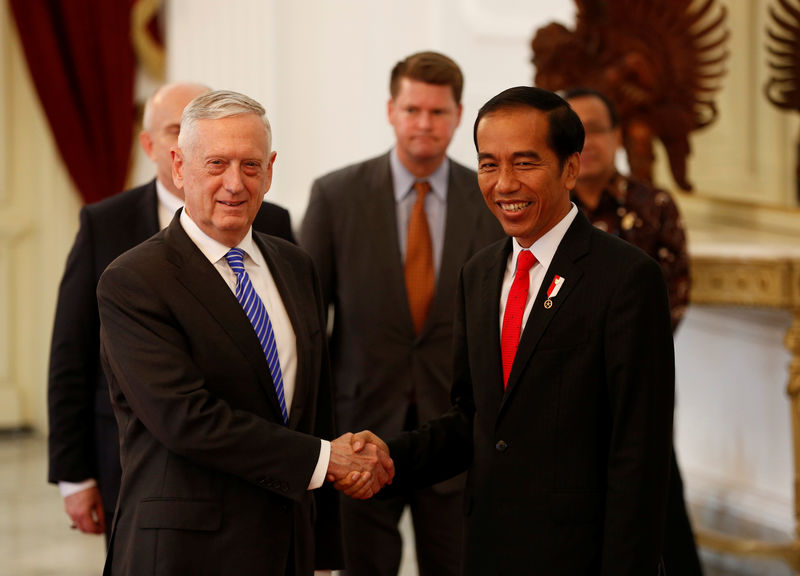 © Reuters. U.S. Secretary of Defence Jim Mattis shakes hands with Indonesia's President Joko Widodo during his visit to the presidential palace in Jakarta