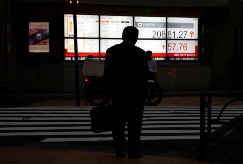 © Reuters. A man stands in front of an electronic board showing Japan's Nikkei average outside a brokerage in Tokyo