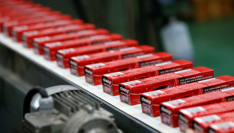 © Reuters. Boxes of Closeup toothpaste are seen on the production line at the Unilever factory in Lagos