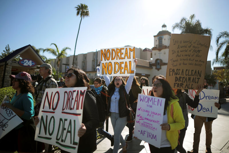 © Reuters. DACA recipients and supporters protest for a clean Dream Act outside Disneyland in Anaheim