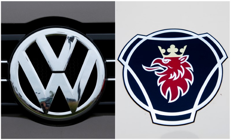 © Reuters. A combination of two file photographs shows the logos of German carmaker Volkswagen in Carlsbad, California and Swedish truck maker Scania in Ludwigsfelde