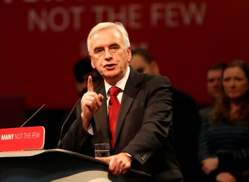 © Reuters. FILE PHOTO - Britain's Shadow Finance Minister John McDonnell speaks at the Labour Party Post-Budget Rally in West Bromwich