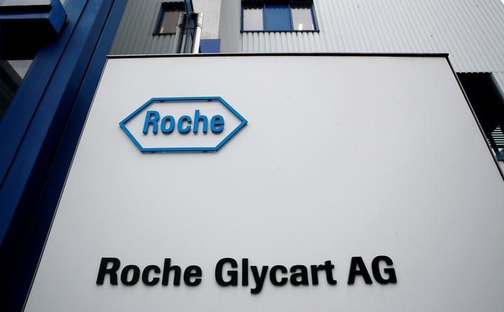 © Reuters. FILE PHOTO: Logo of Swiss drugmaker Roche is seen beside the entrance of its research unit Roche Glycart AG in Schlieren