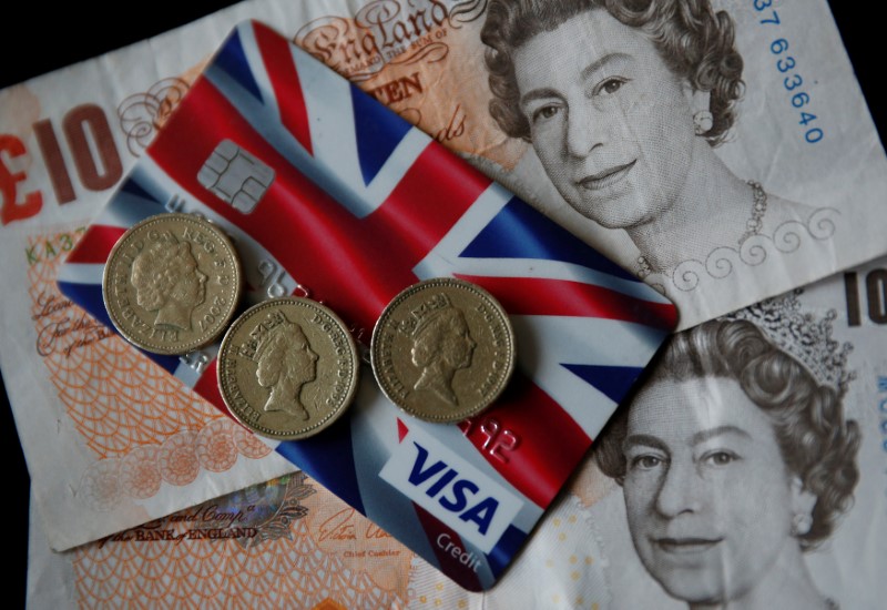 © Reuters. A Union Jack themed Visa credit card is seen amongst British currency in this photo illustration taken in Manchester, Britain