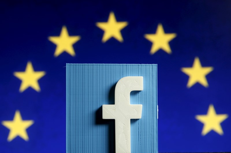 © Reuters. Picture illustration of 3D-printed Facebook logo in front of EU logo