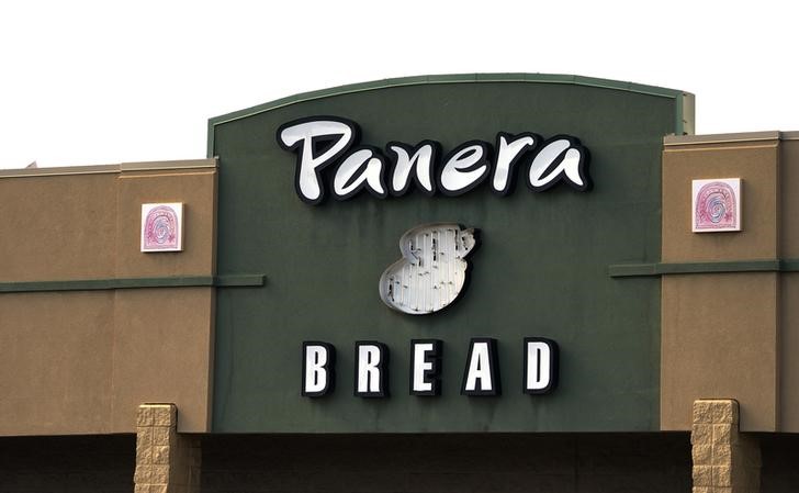 © Reuters. The sign on the hood of a delivery truck for Panera Bread Co. is seen in Westminster