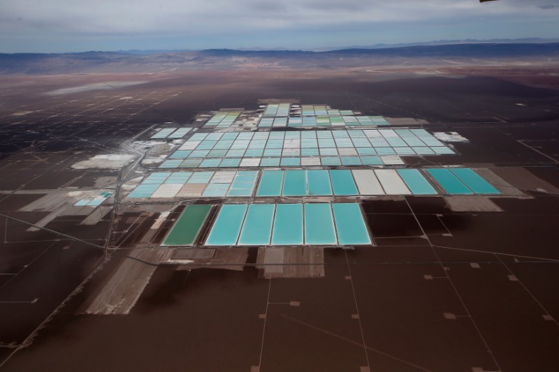 © Reuters. An aerial view shows the brine pools of SQM lithium mine on the Atacama salt flat in the Atacama desert of northern Chile,