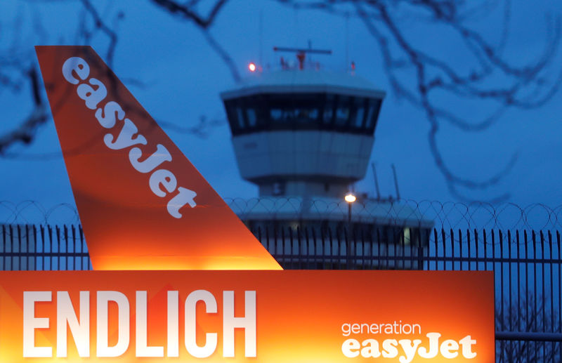 © Reuters. An EasyJet placard reading "Finally" is seen a Tegel airport in Berlin before an event of the British budget carrier EasyJet to present the first flight from airport Tegel in Berlin