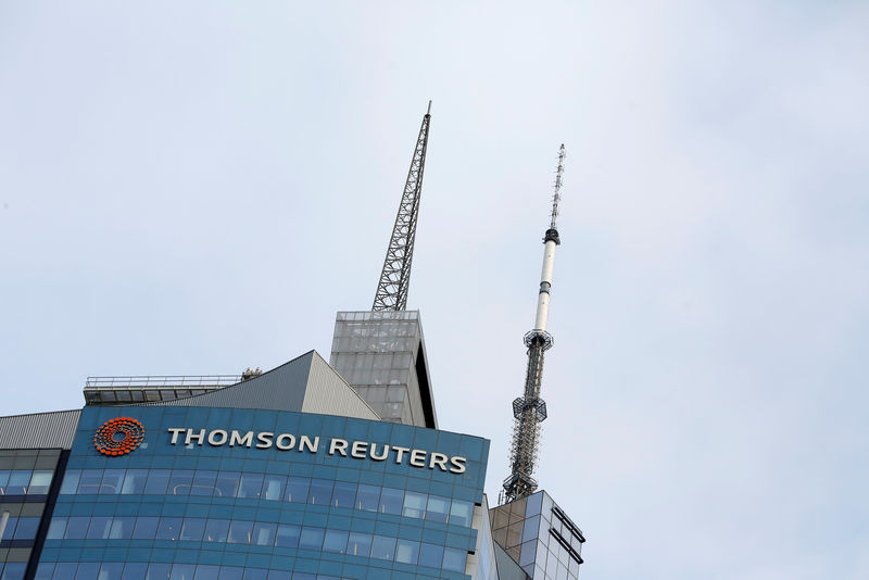 © Reuters. The Thomson Reuters logo is seen on the company building in Times Square, New York.