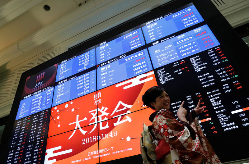 © Reuters. Women, dressed in ceremonial kimonos, smile in front of an electronic board displaying the Nikkei average as they pose after the ceremony which kicks off the first day of trading in 2018 at the Tokyo Stock Exchange in Tokyo